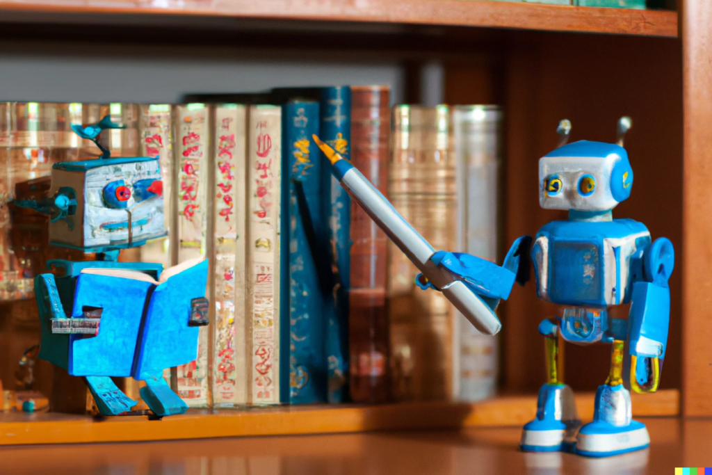 Creative blue robots in front of a bookshelf, created by Joanna Penn with DALL-E 2