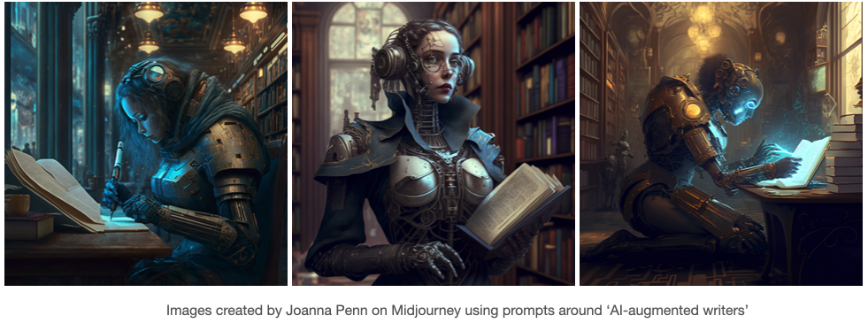 The AI augmented writer in a library, images by Joanna Penn on Midjourney
