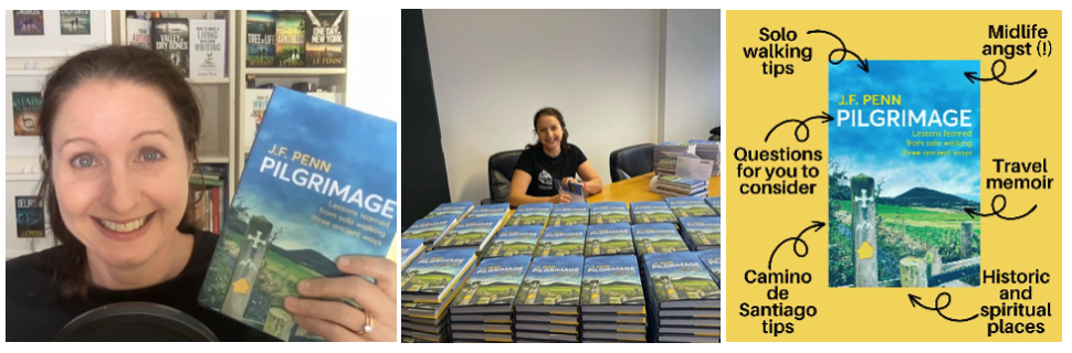 Joanna Penn with her new book, Pilgrimage, a travel memoir with solo walking tips, Camino de Santiago tips, questions for you to consider and midlife angst